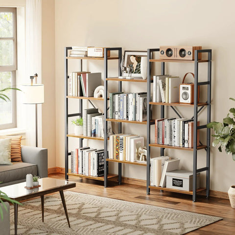11 Shelf Ladder Bookcase With Open Display Shelves For Home And Office Wide Bookshelf For Books Decor CDs And More Storage Game Strong Sturdy Brown Finish Space Saving Organizer For Living Room Or Studio showcasing books and decor in living room.