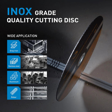 9 Inch Cut Off Wheel Set For Die Grinders And Angle Grinders, 25-Piece Metal And Stainless Steel Cutting Discs, shown cutting steel
