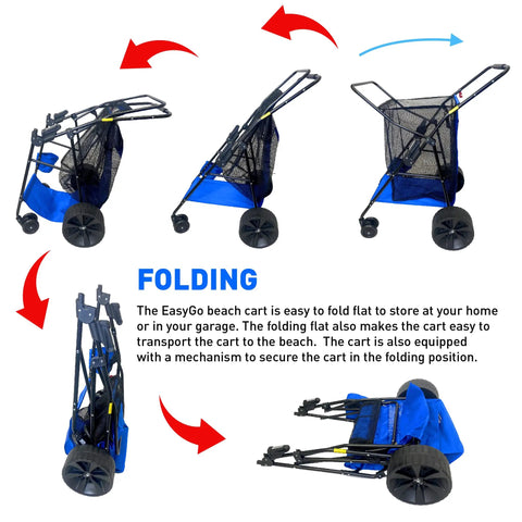 Grab And Go Heavy Duty Beach Cart Folding Wagon With Sand Wheels And Umbrella Holder compactly folded and unfolded view