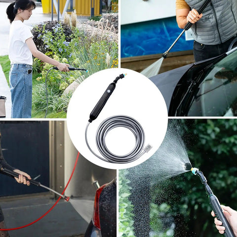 Collage of Electric Plant Sprayer Battery Powered Wand Automatic Handheld Watering for lawn, garden, car cleaning.