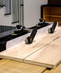 Clear Cut Table Saw Stock Guides with Roller Bearings installed on 30 inch track for safer, cleaner, and precise wood cutting.