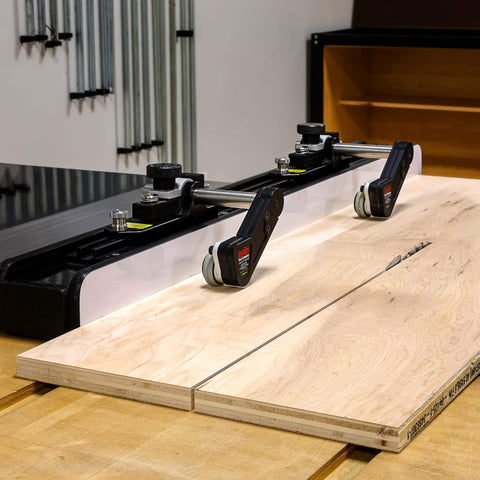 Clear Cut Table Saw Stock Guides with Roller Bearings installed on 30 inch track for safer, cleaner, and precise wood cutting.