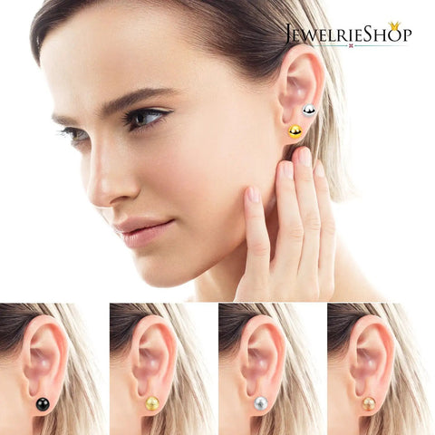Unisex Ball Stud Earrings Set, 8 Pairs In Matte And Shiny Finishes, Silver, Gold, Rose Gold, Black, 8mm Diameter, Everyday Wear, Assorted Colors For Any Look on model