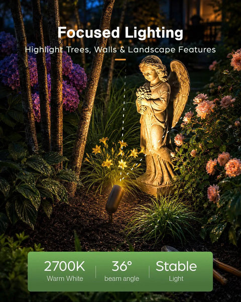 Heavy Duty Mr16 Led Bulbs 2700K Warm White Gu5.3 Base Non Dimmable 6 Pack illuminating a garden angel statue.