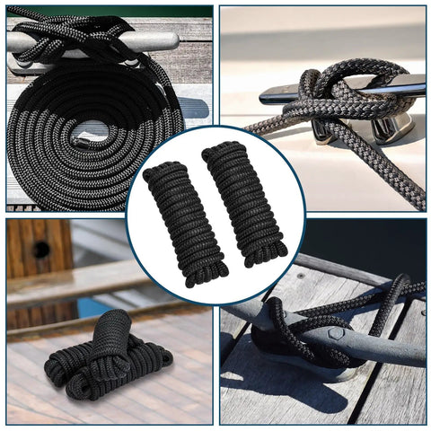 Four Pack Half Inch By Fifteen Foot Boat Dock Lines With Pre Spliced Twelve Inch Eyelet Black Marine Grade Double Braided Nylon beefy heavy duty tangle resistant dock ropes in use on various boat docks.