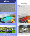 Comparison showing plush golf cart seat covers with thickened plush seat towel blanket and non slip backing versus a competitor.