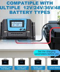 30A Beefy Bluetooth Solar Charge Controller with PWM for 12V-48V systems shown connected to a battery with lead wiring and display.