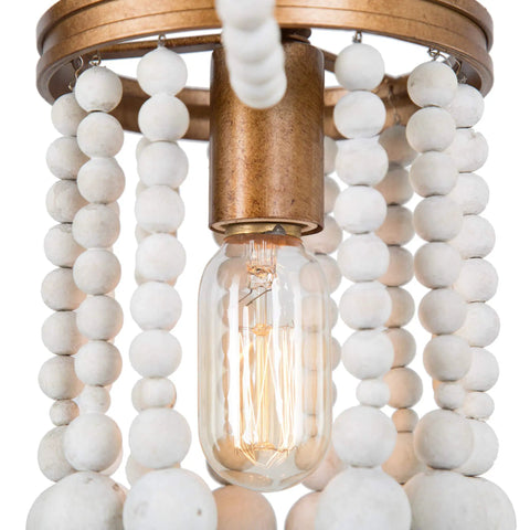 Close-up of Beaded Chandelier Farmhouse Pendant Light With Antique Gold Finish And White Wood Beads showcasing light bulb detail.
