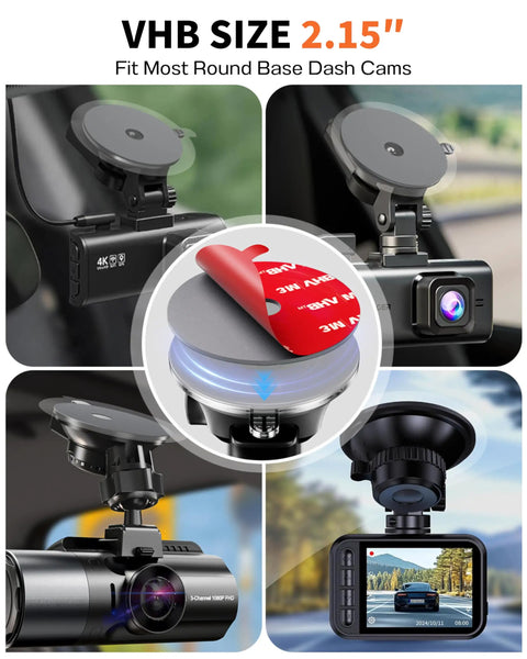 Heavy Duty 3M VHB Dash Cam Adhesive Pads With Electrostatic Film for windshields and dashboards, 2.15 inch size shown in use.
