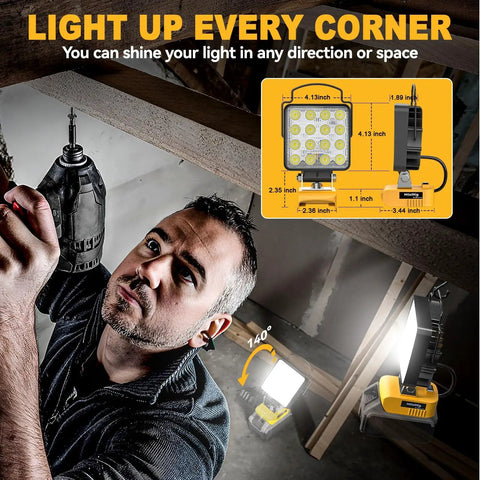 Man using Cordless LED Work Light 11200 Lumens 112W Underhood Compatible With Dewalt 20V Battery USB Type C Charging Portable