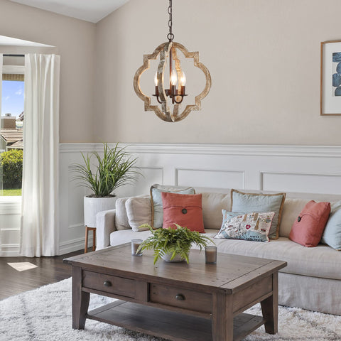 Go To Farmhouse Orb Chandelier Pendant Light With Handmade Weathered Wood Finish And Rustic Bronze Accents in a cozy living room