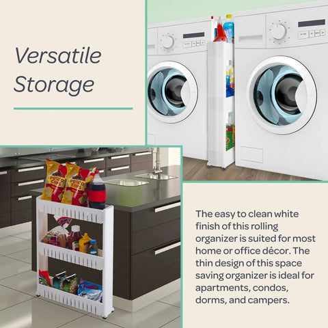 Three Tier Rolling Cart For Narrow Spaces With Slide Out Shelves beside washer and in kitchen for versatile storage