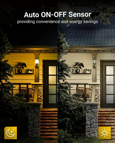 Comparison of porch lighting with Yellow Outdoor A19 LED Bug Light Bulbs Dusk to Dawn Auto On Off Photocell Sensor