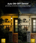 Six Pack Yellow LED Bug Light Bulbs Outdoor A19 Dusk To Dawn With Auto On Off Photocell Sensor 9W 480 Lumens 2000K shown on porch