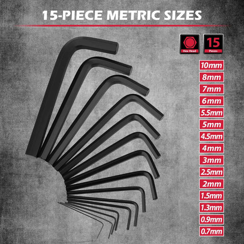 15-piece metric hex key set sizes; part of 41 Piece Hex Key And Torx Wrench Set With Torque Handle, SAE And Metric L Shaped Allen Keys.