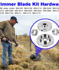 Man using brush cutter with Trimmer Blade Kit Hardware For SRM 225 Brush Cutter Conversion, Replacement Attachment visible.