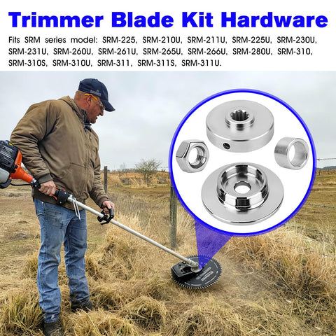 Man using brush cutter with Trimmer Blade Kit Hardware For SRM 225 Brush Cutter Conversion, Replacement Attachment visible.