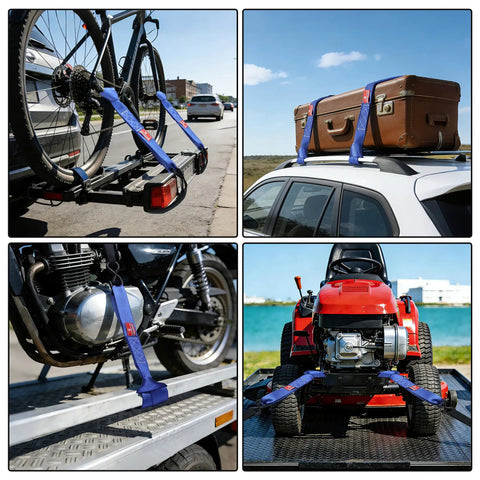Soft Loop Tie Down Straps 4 Pack 1.6 Inch By 17 Inch 5000 Lbs Break Strength Heavy Duty With Soft Loop Ends For Securing Motorcycles ATVs UTVs Kayaks Dirt Bikes Blue securing bike, suitcase, motorcycle, and ATV on trailer