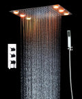 Built Tough Square LED Shower System With Thermostatic Valve And Dual Mode Spray, 14 X 20 Inch Rainfall Panel with LED lights.