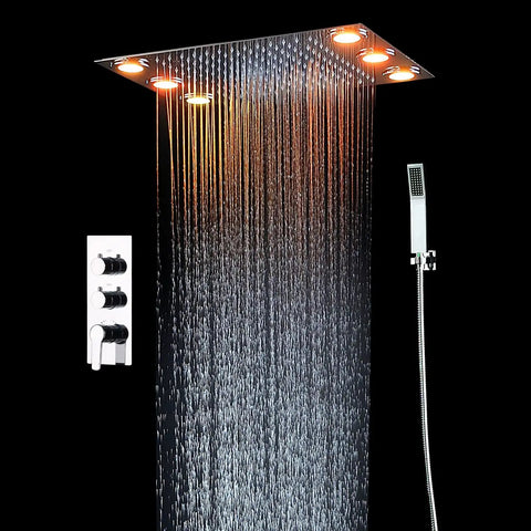 Built Tough Square LED Shower System With Thermostatic Valve And Dual Mode Spray, 14 X 20 Inch Rainfall Panel with LED lights.