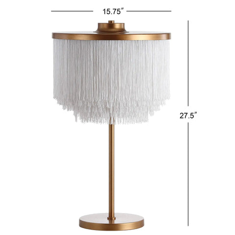 Gold Two Light Fringed Metal LED Table Lamp With White Tassel Shade, 27.5-inch height and 15.75-inch width, side view