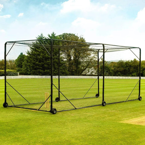 Portable Mobile Baseball Batting Cage With Wheels 36ft Net with Padding, set up on grass field, showing black steel frame and wheels.
