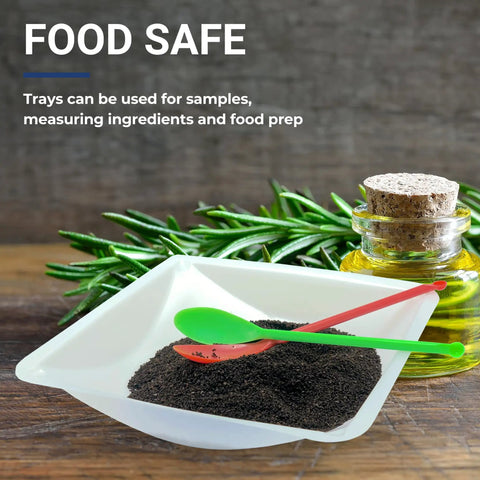 Disposable 330mL Weigh Boats Pack Of 125 Large Plastic Weighing Dishes For Lab Use Food Safe Antistatic Polystyrene Great For Measuring Powders Liquids Supplements And Food Samples With Easy Cleanup, white tray with samples