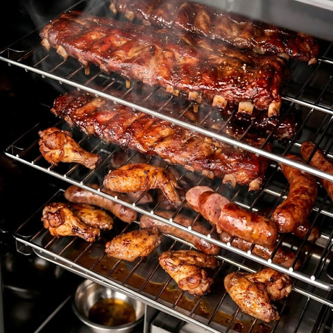 Smooth Operator Vertical Electric Smoker 1600W with eight chrome racks filled with smoked ribs, wings, and sausage.