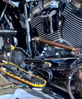 Shift Linkage Upgrade For Harley Softail Touring Trike 1986 Through 2025 Blue Aluminum Built Tough For Smooth Crisp Shifts On Touring And Trike Rigs For Quick Clean Shifts, close-up installed on engine