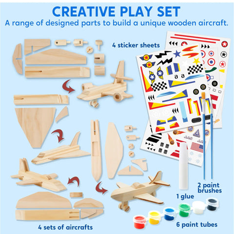 All In One DIY Wooden Airplane Craft Kit For Kids Ages 6 To 12 Totally Kid Friendly Build Four Aircraft And Paint With Six Paint Tubs Two Brushes And Stickers Easy To Follow Instructions Great Birthday Gift For Young Builders image showing wooden airplane parts, sticker sheets, glue, and paints.