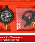 Front view of a fuel pump pressure and vacuum tester kit: black dial gauge in red case with hose and brass adapters.