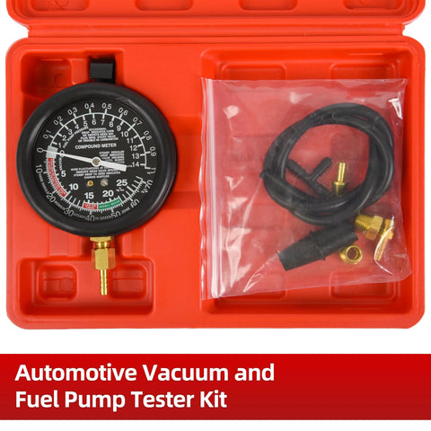 Front view of a fuel pump pressure and vacuum tester kit: black dial gauge in red case with hose and brass adapters.