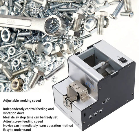 Heavy Duty Automatic Screw Feeder Machine sorting M1.0 to M5.0 screws with adjustable speed on busy assembly line.