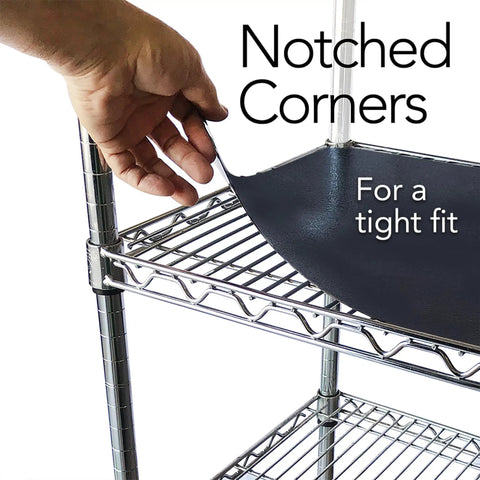 Heavy Duty Shelf Liner Set For Wire Shelving Rack 5 Pack 14 Inch Long 36 Inch Wide Black Plastic Vinyl Covers shown with notched corners