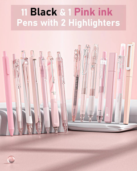 Cute Pink Ink Pens And Highlighters Set For School And Office, retractable 0.5mm pens, macaron color kit, displayed on table