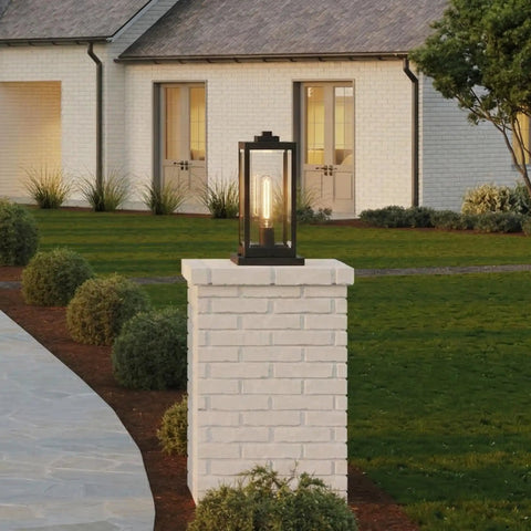 Westover 16 Inch Outdoor Pier Mount Light One Light Earth Black Lantern With Beveled Glass Wet Rated E26 Base on brick post