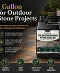 Top-Shelf Satin Stone Sealer and Color Enhancer Amps Up Tones on Porous Pavers and Rock with a Natural Low-Gloss Sheen for a Rich Glow Up while Shielding Surfaces from Weather Damage in One Gallon Bulk, shown in black container with detailed labeling.