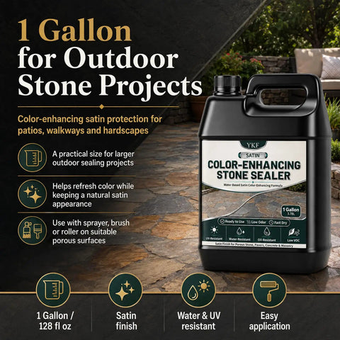 Top-Shelf Satin Stone Sealer and Color Enhancer Amps Up Tones on Porous Pavers and Rock with a Natural Low-Gloss Sheen for a Rich Glow Up while Shielding Surfaces from Weather Damage in One Gallon Bulk, shown in black container with detailed labeling.