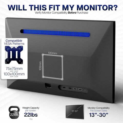 Back view showcasing VESA patterns for Rock Solid Dual Monitor Desk Mount for 13 to 30 inch screens up to 22 lbs each, STANDV002