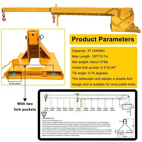 Beefy Workhorse Forklift Telescopic Jib Boom With 2 Ton Capacity And 0 To 75 Degree Tilt Plus 7 To 12 Foot Reach Extender with dual hooks.