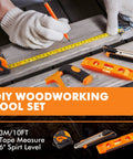 Person measuring wood with a tape measure and tools from the Go-To 368-Piece Home Repair Tool Kit With Drawer Toolbox Set.