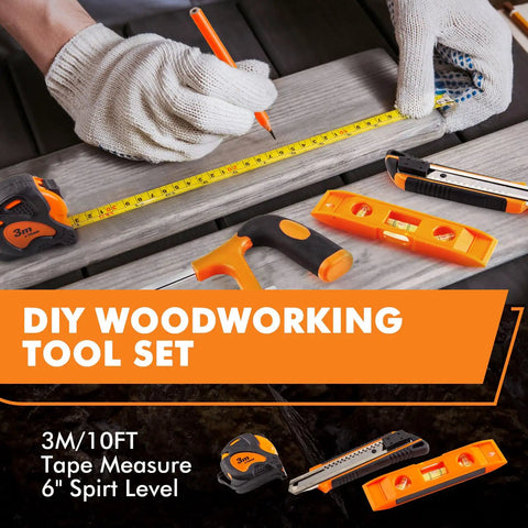 Person measuring wood with a tape measure and tools from the Go-To 368-Piece Home Repair Tool Kit With Drawer Toolbox Set.
