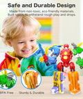 Child playing with 5 In 1 Transforming Dinosaur Robot Set For Kids And Toddlers STEM Building Kit With Triceratops Action Figures.