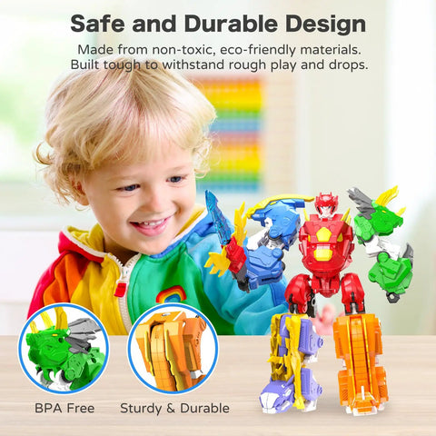 Child playing with 5 In 1 Transforming Dinosaur Robot Set For Kids And Toddlers STEM Building Kit With Triceratops Action Figures.