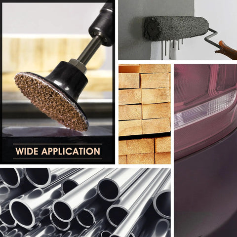 Collage showing use of 50 Pack 2 Inch Coarse Pro Grade Sanding Discs With Quick Change One Quarter Inch Shank Holder