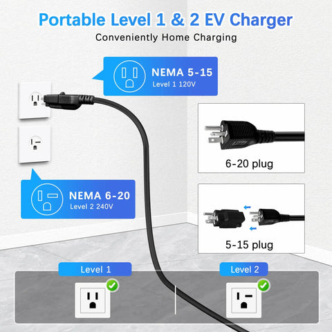 Level One And Level Two EV Charger with NEMA 6-20 and NEMA 5-15 plug adapter, 25-foot cable illustration.