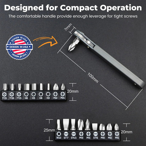 Ultra Low Profile Quarter Inch Mini Ratchet Wrench Set For Close Quarters Screwdriver with hex bits and size dimensions shown
