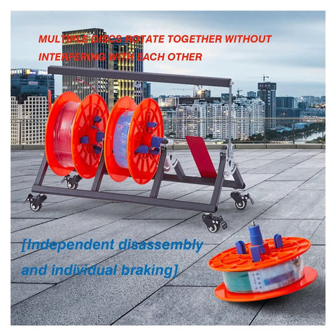 Heavy Duty Folding Cable Rack Pro Grade Wire Dispenser with Anti Tangle Slots and 5 Roll Capacity on rooftop with city view