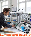 Man using 3D printer with Ultimate All In One 50 Piece 3D Printer Tool Kit For Cleaning And Finishing displayed on table