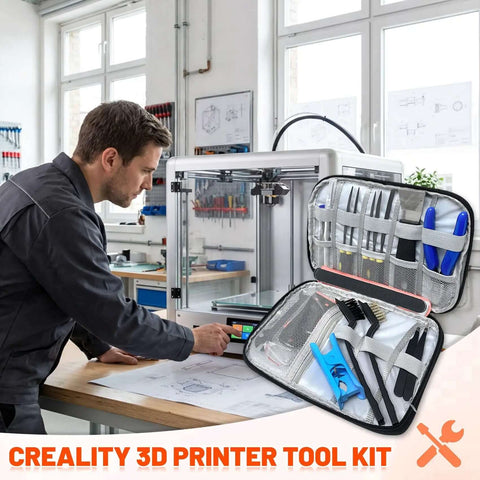 Man using 3D printer with Ultimate All In One 50 Piece 3D Printer Tool Kit For Cleaning And Finishing displayed on table